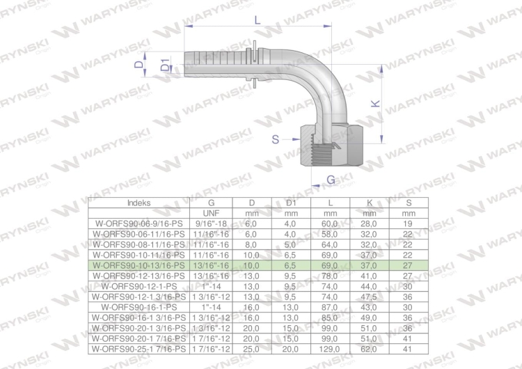 Zakucie hydrauliczne ORFS90 DN10 13/16"-16 PREMIUM Waryński