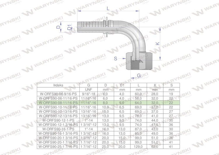 Zakucie hydrauliczne ORFS90 DN08 11/16"-16 PREMIUM Waryński