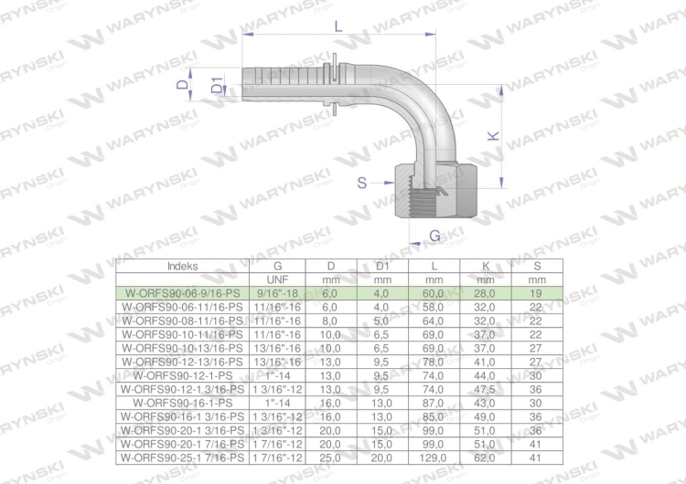 Zakucie hydrauliczne ORFS90 DN06 9/16"-18 PREMIUM Waryński