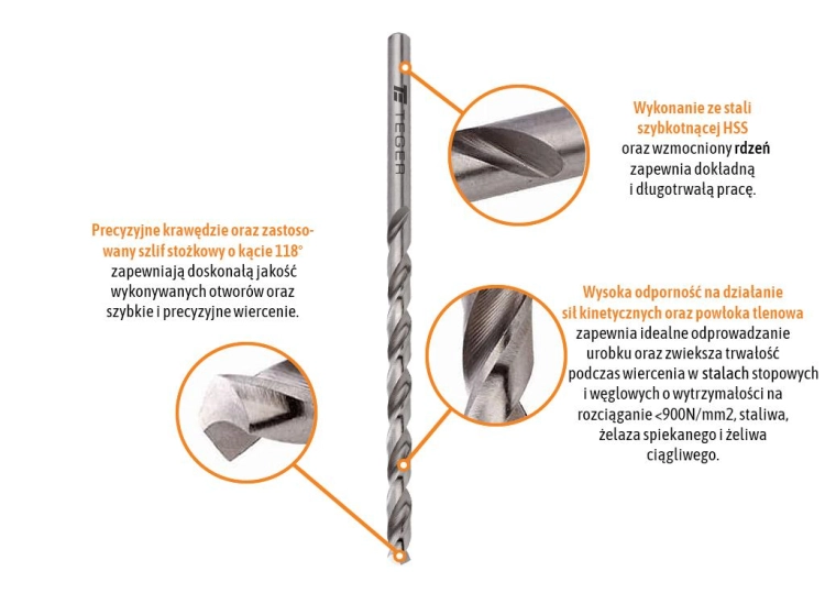 Wiertło do metalu HSS - przedłużane (DIN 340) 2.5/95 mm TEGER (2)
