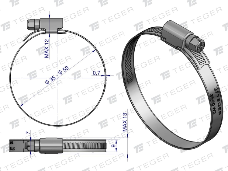 Opaska zaciskowa 35-50 (32-50) ślimakowa (obejma W2 - stal nierdzewna) szerokość 9mm TEGER 2