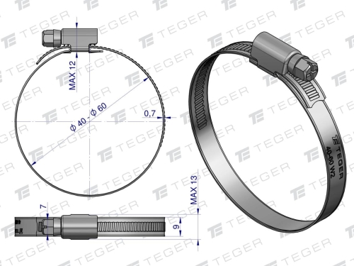 Opaska zaciskowa 40-60 ślimakowa (obejma W2 - stal nierdzewna) szerokość 9mm TEGER 2