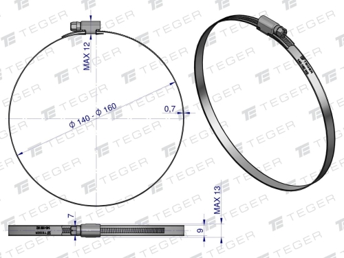 Opaska zaciskowa 140-160 ślimakowa (obejma W2 - stal nierdzewna) szerokość 9mm TEGER 2