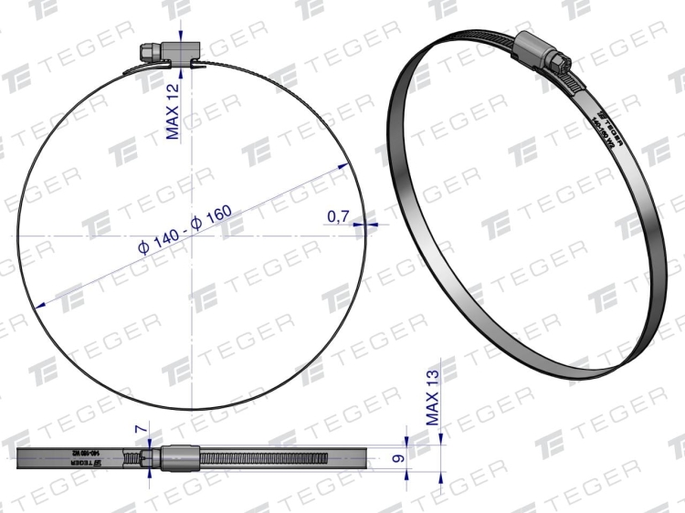 Opaska zaciskowa 140-160 ślimakowa (obejma W2 - stal nierdzewna) szerokość 9mm TEGER 2