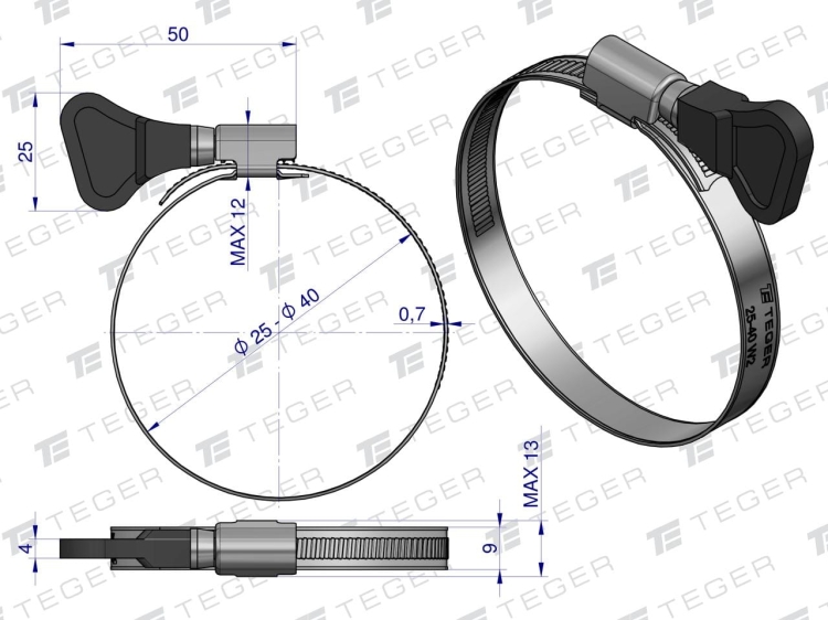 Opaska zaciskowa z pokrętłem 25-40 ślimakowa (obejma W2 - stal nierdzewna) szerokość 9mm TEGER 2