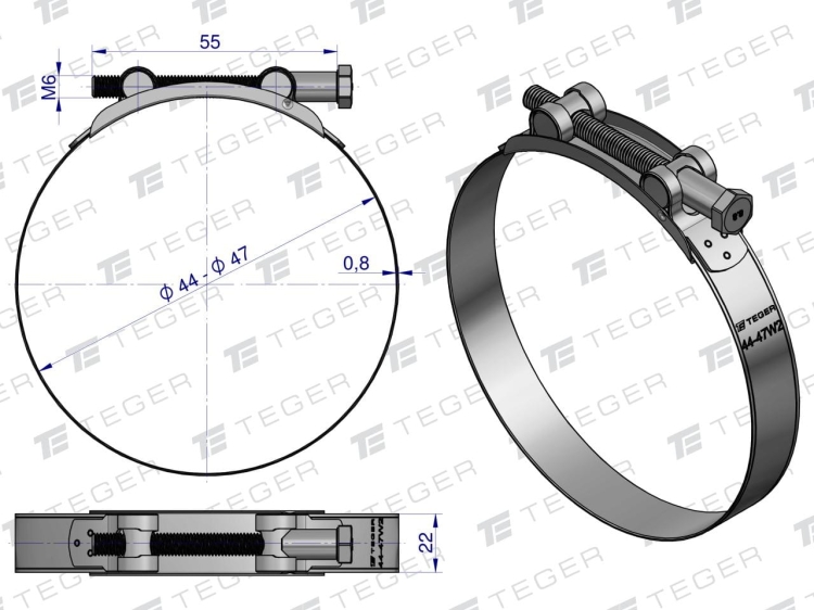 Opaska zaciskowa GBS 44-47 (obejma W2 - stal nierdzewna) szerokość 22mm TEGER 2