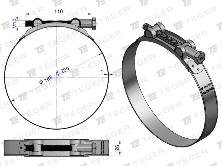 Opaska zaciskowa GBS 188-200 (obejma W2 - stal nierdzewna) szerokość 26mm TEGER 2