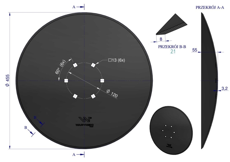 Talerz gładki fi 460 mocowanie 6/120 grubość 3.2 stal borowa WARYŃSKI R  W-54606032 2