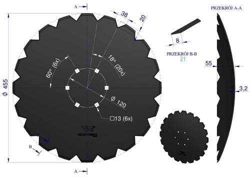 Talerz uzębiony Z-20 fi 460 mocowanie 6/120 grubość 3.2 stal borowa WARYŃSKI R 2