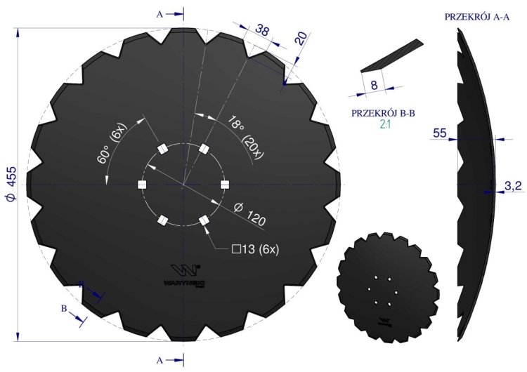 Talerz uzębiony Z-20 fi 460 mocowanie 6/120 grubość 3.2 stal borowa WARYŃSKI R 2