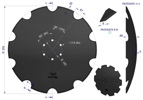 Talerz uzębiony Z-10 fi 560 mocowanie 6/120 grubość 4 mm stal borowa WARYŃSKI R 2