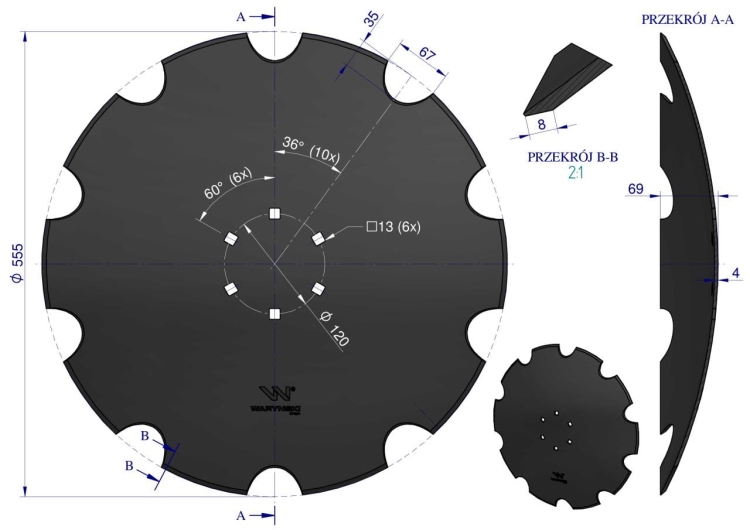 Talerz uzębiony Z-10 fi 560 mocowanie 6/120 grubość 4 mm stal borowa WARYŃSKI R 2