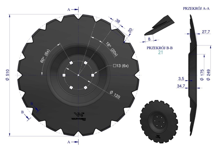 Talerz uzębiony Z-20 fi 510 mocowanie 6/120 grubość 3.5 mm przetłoczony stal borowa WARYŃSKI R 2