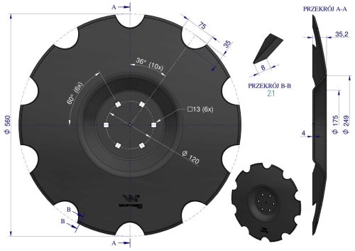 Talerz uzębiony Z-10 fi 560 mocowanie 6/120 grubość 4 mm przetłoczony stal borowa WARYŃSKI R 2