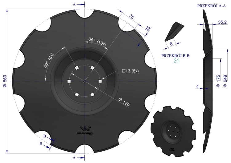 Talerz uzębiony Z-10 fi 560 mocowanie 6/120 grubość 4 mm przetłoczony stal borowa WARYŃSKI R 2