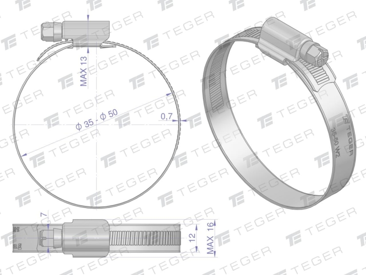 Opaska zaciskowa wzmocniona 35-50 (32-50) ślimakowa (obejma W2 - stal nierdzewna) szerokość 12mm (blister) TEGER (2)
