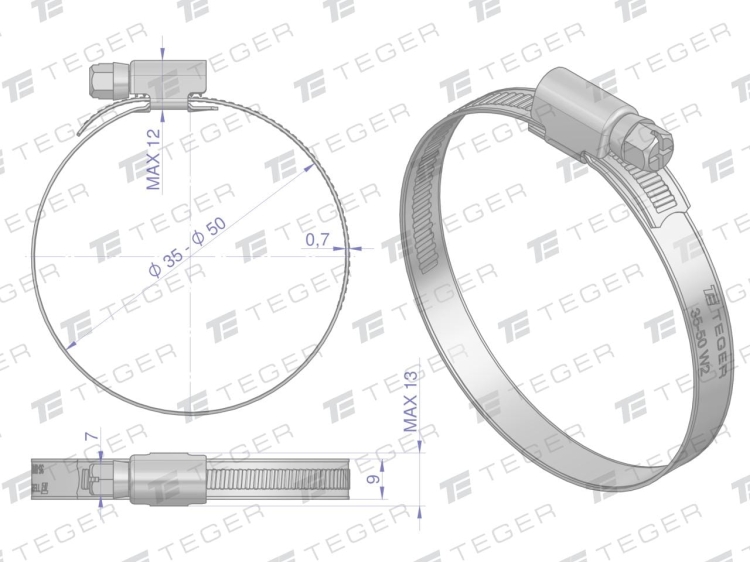 Opaska zaciskowa 35-50 (32-50) ślimakowa (obejma W2 - stal nierdzewna) szerokość 9mm (blister) TEGER