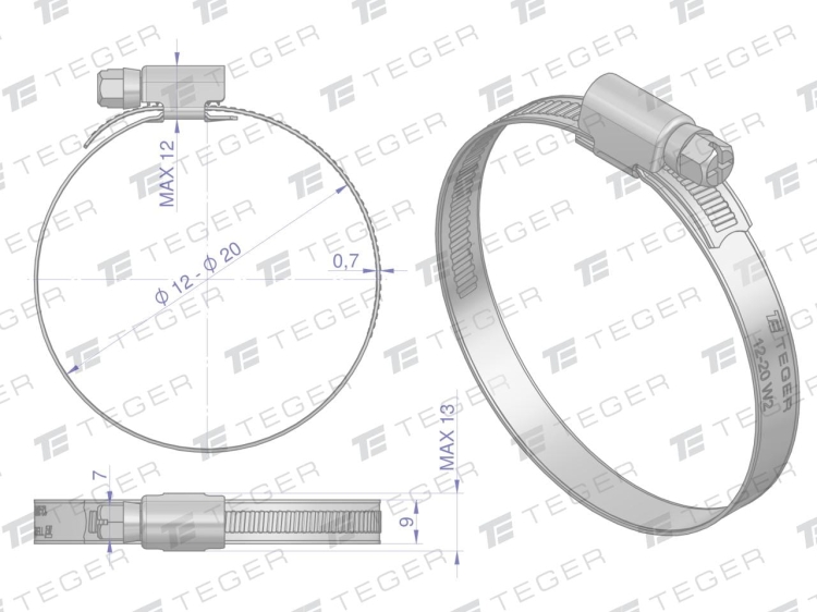 Opaska zaciskowa 12-20 ślimakowa (obejma W2 - stal nierdzewna) szerokość 9mm (blister) TEGER