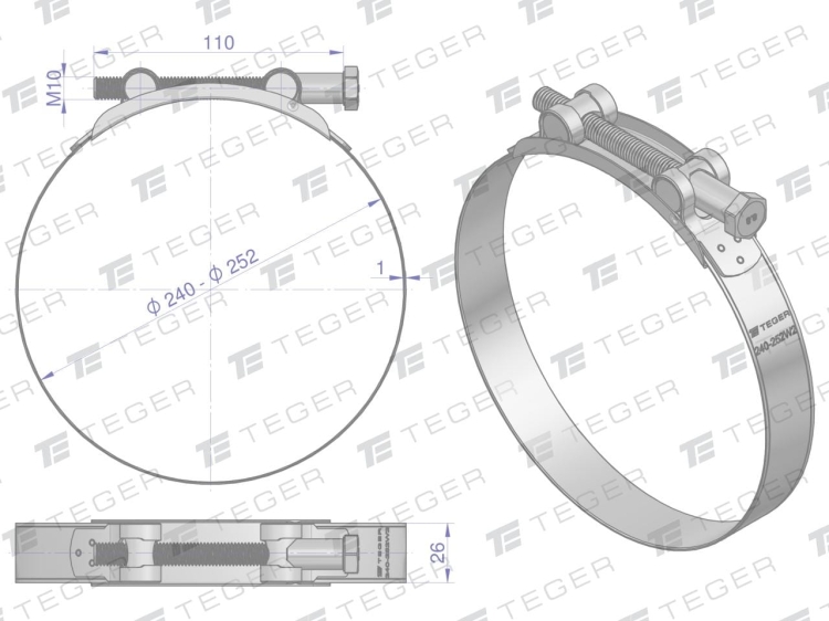 Opaska zaciskowa GBS 240-252 (obejma W2 - stal nierdzewna) szerokość 26mm TEGER