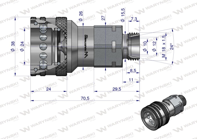 Szybkozlacze hydrauliczne gniazdo z eliminatorem ciśnienia M18x1.5 gwint zewnetrzny EURO (9100818G) (ISO 7241-A) Warynski 3