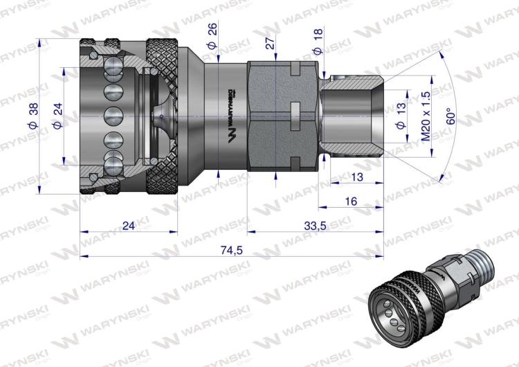 Szybkozłącze hydrauliczne gniazdo z eliminatorem ciśnienia M20x1.5 gwint zewnętrzny EURO (ISO 7241-A) Waryński 3