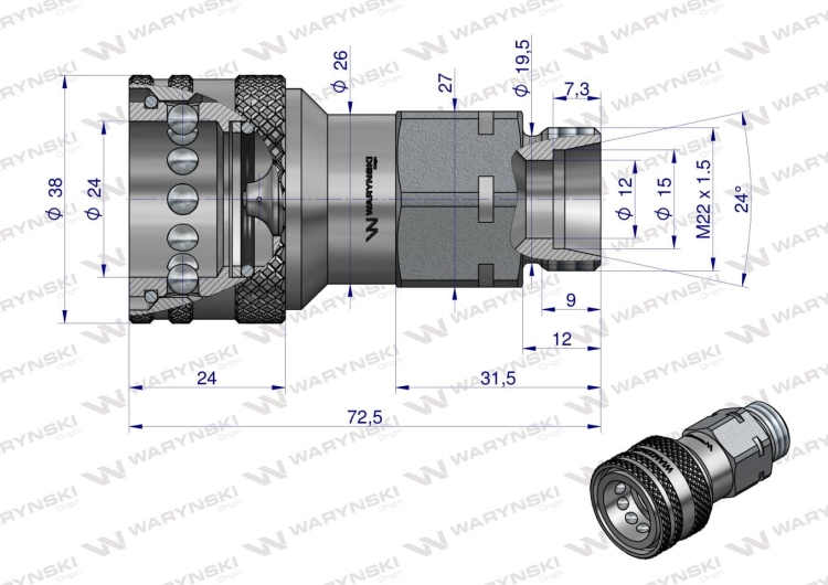 Szybkozlacze hydrauliczne gniazdo z eliminatorem ciśnienia M22x1.5 gwint zewnetrzny EURO (9100822G) (ISO 7241-A) Warynski 3