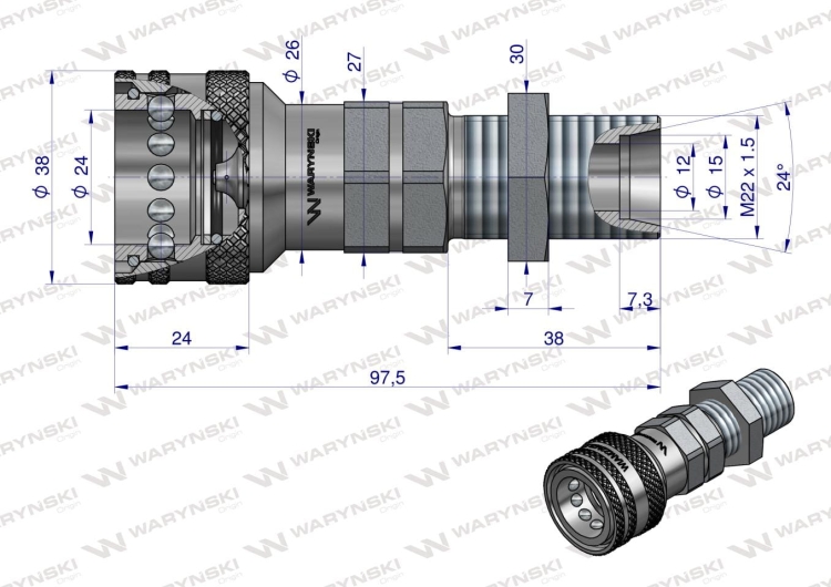 Szybkozlacze hydrauliczne gniazdo z eliminatorem ciśnienia long M22x1.5 gwint zewnętrzny EURO (9100822GL) (ISO 7241-A) Waryński 3