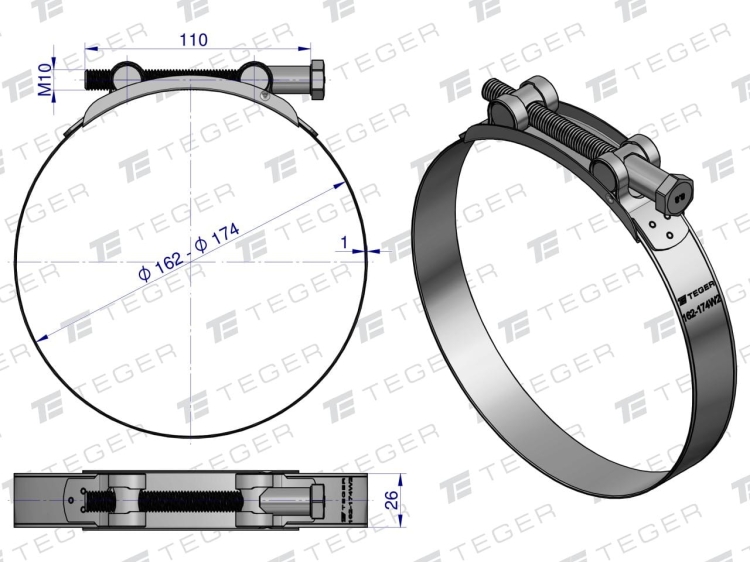Opaska zaciskowa GBS 162-174 (obejma W2 - stal nierdzewna) szerokość 26mm TEGER 2