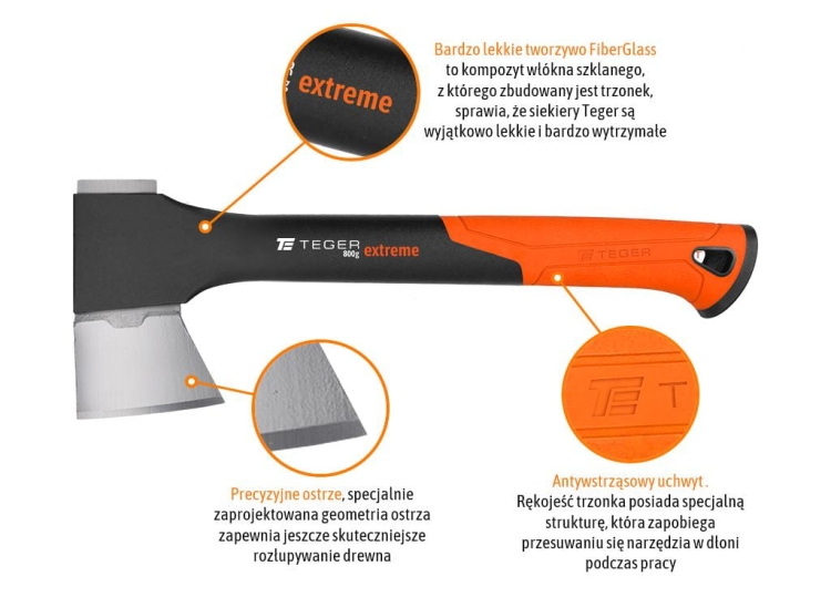 Siekiera 800g uniwersalna z trzonkiem fiberglass Extreme TEGER 3