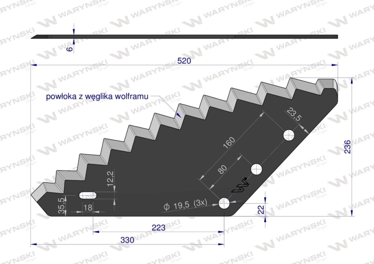 Nóż paszowozu uniwersalny otwór 19.5 mm z węglikiem wolframu Waryński (2)
