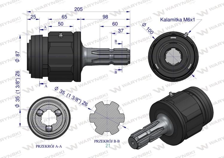 Sprzęgło zewnętrzne jednokierunkowe prawe wału długie - 1 3/8 Z6 Waryński 2