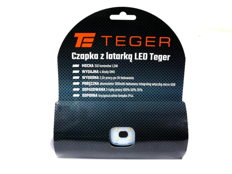 Latarka czołówka w czapce LED COB ład USB Teger 2