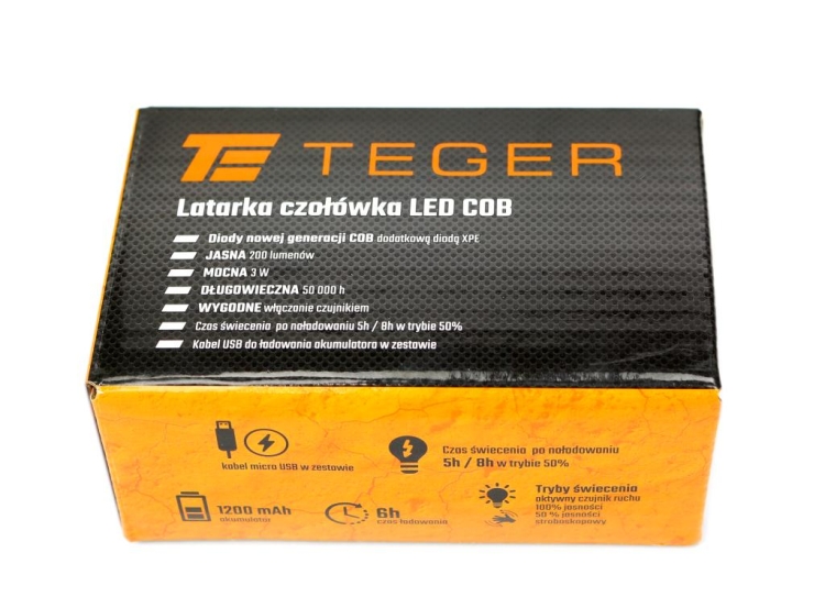 Latarka czołówka LED COB 200 Lm z czujnikiem ruchu USB Teger 3