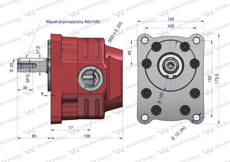 Pompa hydrauliczna zębata do Cyklop PZS-KZ-50P (obroty prawe) 20Mpa w korpusie żeliwnym Waryński 2