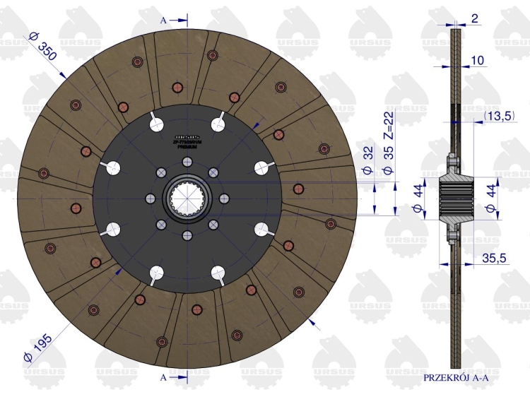 Tarcza sprzęgła fi 350 pias.22 frezy C-385 PREMIUM ORYGINAŁ URSUS 3