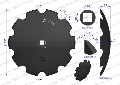 Talerz uzębiony Z-10 fi 660 otwór 40x40 grubość 6mm stal borowa WARYŃSKI R  2