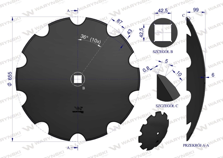 Talerz uzębiony Z-10 fi 660 otwór 40x40 grubość 6mm stal borowa WARYŃSKI R  2