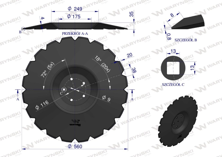 Talerz uzębiony Z-20 fi 560 mocowanie 5/116 przetłoczony grubość 4 mm stal borowa AU/383-560/5 WARYŃSKI R 2