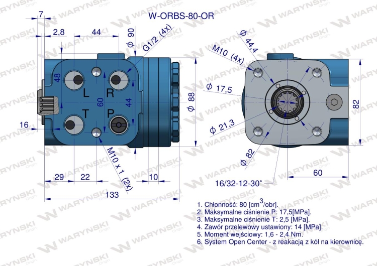 Orbitrol hydrauliczny W-ORBS-OR 80 cm3/obr z zaworami (System Open Center - z reakcją z kół na kierownicę) Waryński  6