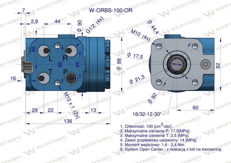 Orbitrol hydrauliczny W-ORBS-OR 100 cm3/obr z zaworami (System Open Center - z reakcją z kół na kierownicę) Waryński 5