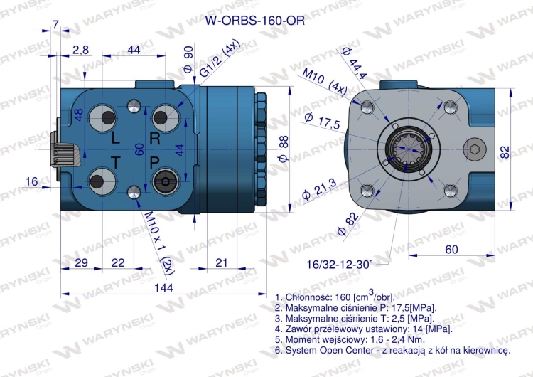 Orbitrol hydrauliczny W-ORBS-OR 160 cm3/obr z zaworami (System Open Center - z reakcją z kół na kierownicę) Waryński 3
