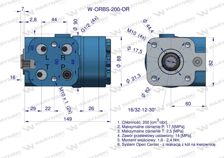 Orbitrol hydrauliczny W-ORBS-OR 200 cm3/obr z zaworami (System Open Center - z reakcją z kół na kierownicę) Waryński 5