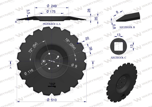 Talerz uzębiony Z-20 fi 510 mocowanie 5/116 przetłoczony grubość 4 mm stal borowa WARYŃSKI R zastosowanie AU/362-510/ 5 2