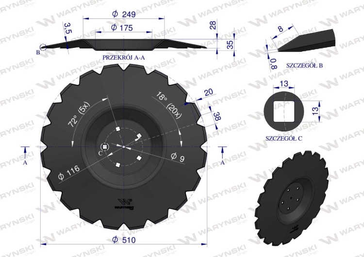 Talerz uzębiony Z-20 fi 510 mocowanie 5/116 przetłoczony grubość 4 mm stal borowa WARYŃSKI R zastosowanie AU/362-510/ 5 2