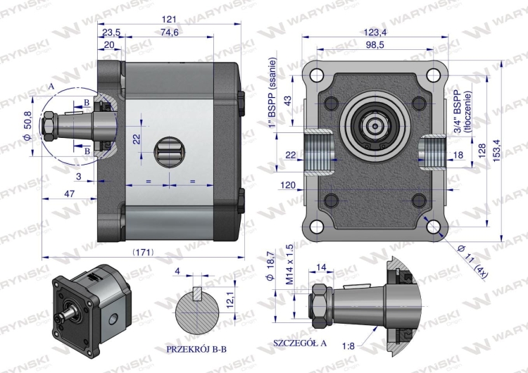 Pompa hydrauliczna zębata 27.0cm3 (grupa 3 - typ europejski) wałek 1:8 przyłącza gwintowane (obroty prawe) max.250 bar Waryński 4