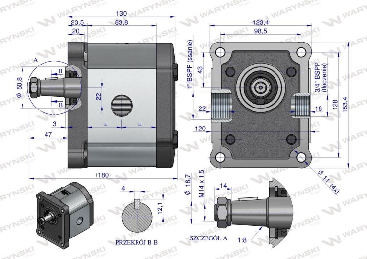 Pompa hydrauliczna zębata 39.0cm3 (grupa 3 - typ europejski) wałek 1:8 przyłącza gwintowane (obroty prawe) max.240 bar Waryński 4