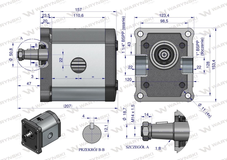 Pompa hydrauliczna zębata 61.0cm3 (grupa 3 - typ europejski) wałek 1:8 przyłącza gwintowane (obroty prawe) max.190 bar Waryński  2