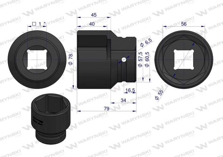 Nasadka udarowa 1" sześciokątna 55mm Waryński 2