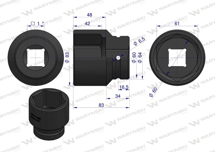 Nasadka udarowa 1" sześciokątna 60mm Waryński 2
