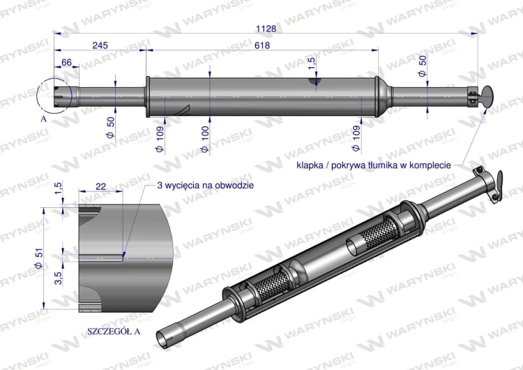 Tłumik 1128mm 3029104M1 4.8kg MF3 C-360 3P (prosty) INOX WARYŃSKI 3